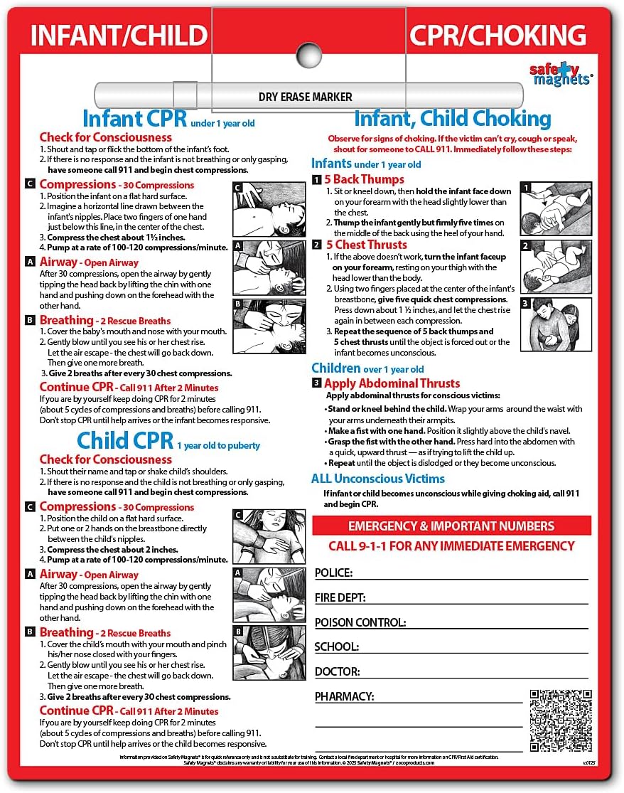 Safety Magnets by ZOCO – Infant and Child CPR & Choking Magnet – Laminated 8.5"x11" Emergency Numbers Fridge Card – First Aid Heimlich Maneuver for Parents, Caregivers, Daycare, Babysitters