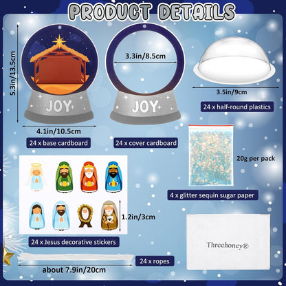 Threehoney 24 Pack Easter Nativity Craft Kit for Kids Toddler Jesus Birth Advent DIY Snow Globe Hanging Ornament with Glitter Sequin Paper Religious Holiday Classroom Decor(Joy,Silver)