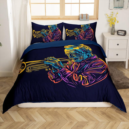 Drum Kit Comforter Cover Abstract Musical Instruments Bedding Set for Kids Boys Teens,Pop Music Duvet Cover Modern Rock Quilt Cover, Teal Laser Light Bedroom Decor Twin Size Blue Green Black
