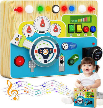Busy Board With Led Light - Montessori Busy Board Wooden Sensory Toys for Toddlers 1 2 3 Years Old, Educational Baby Fidget Boards Toy, Creative Birthday Christmas Gifts for 1-3 2-3 3-4 Year Old Boys