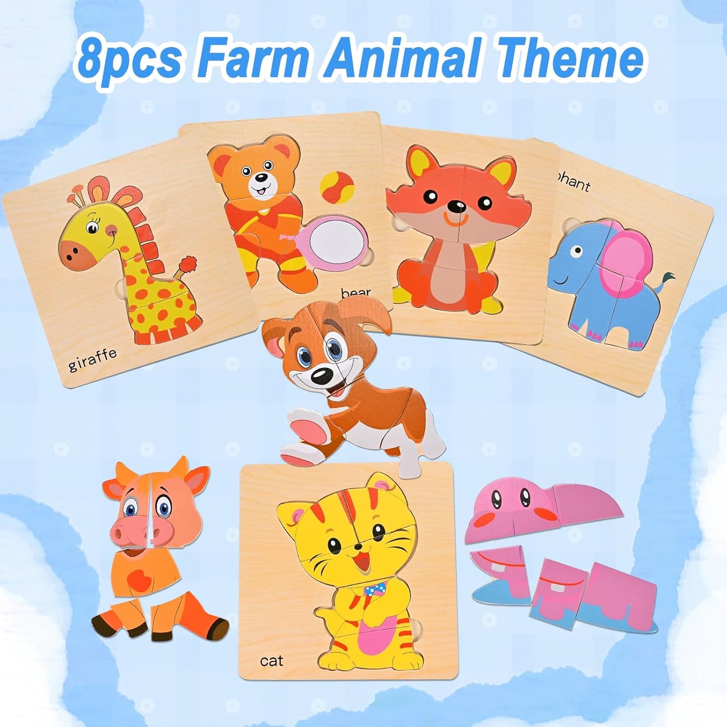 8pcs Wooden Puzzles for Toddlers 1-3, Toddler Puzzles Ages 2-4, Montessori Toys for 1-3+ Years Girl Boy, Sea Animal Puzzle for Kids, Jigsaw Puzzle Educational Toys Preschool for 1-4