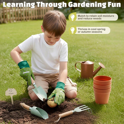 Kids Gardening Set, Quality Gardening Tools Outdoor Toys Set for Kids Toddler, Includes Tote Bag, Gloves, Watering Can, Shovel, Rake, Cultivator, Garden Tool Kit Learning Outdoor Gifts for Boys Girls