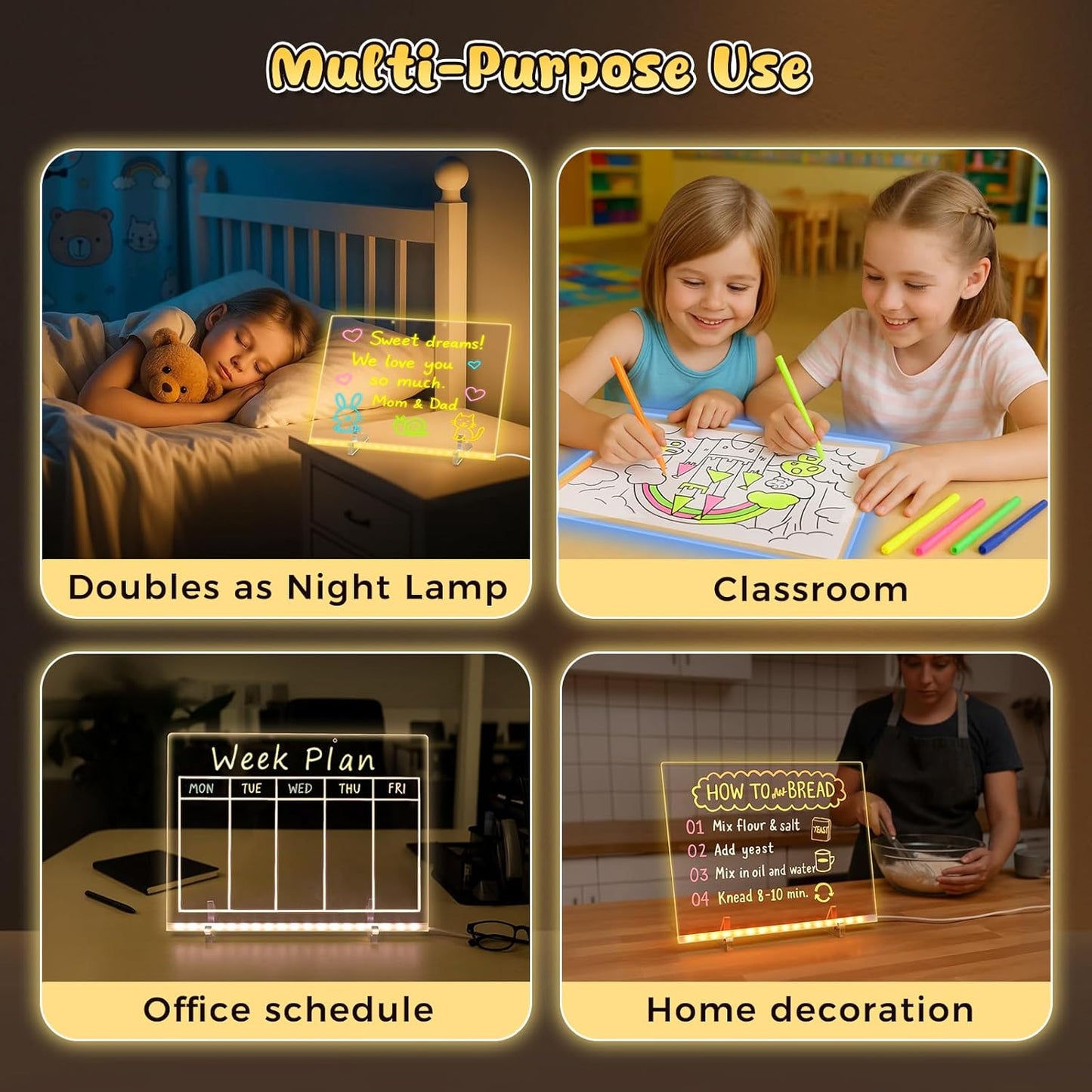 3 otters Led Drawing Board for Kids, 13.7"x10" Light UP Note Pad with 7 Colors Dry Erase Boards with 7 Markers, Soft Cloth, Hanging Chain, Spray Bottle, Holiday Birthday Trend Gift
