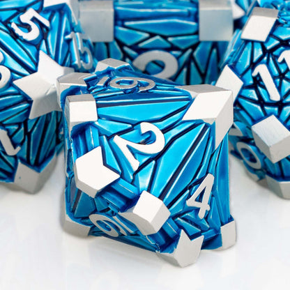 7PCS Metal DND Dice Set with Box, Debris RPG Blue White D and D Dice for D&D Tabletop Games Role Playing Game Polyhedral Dice Set D20 D12 D10 D8 D6 D4