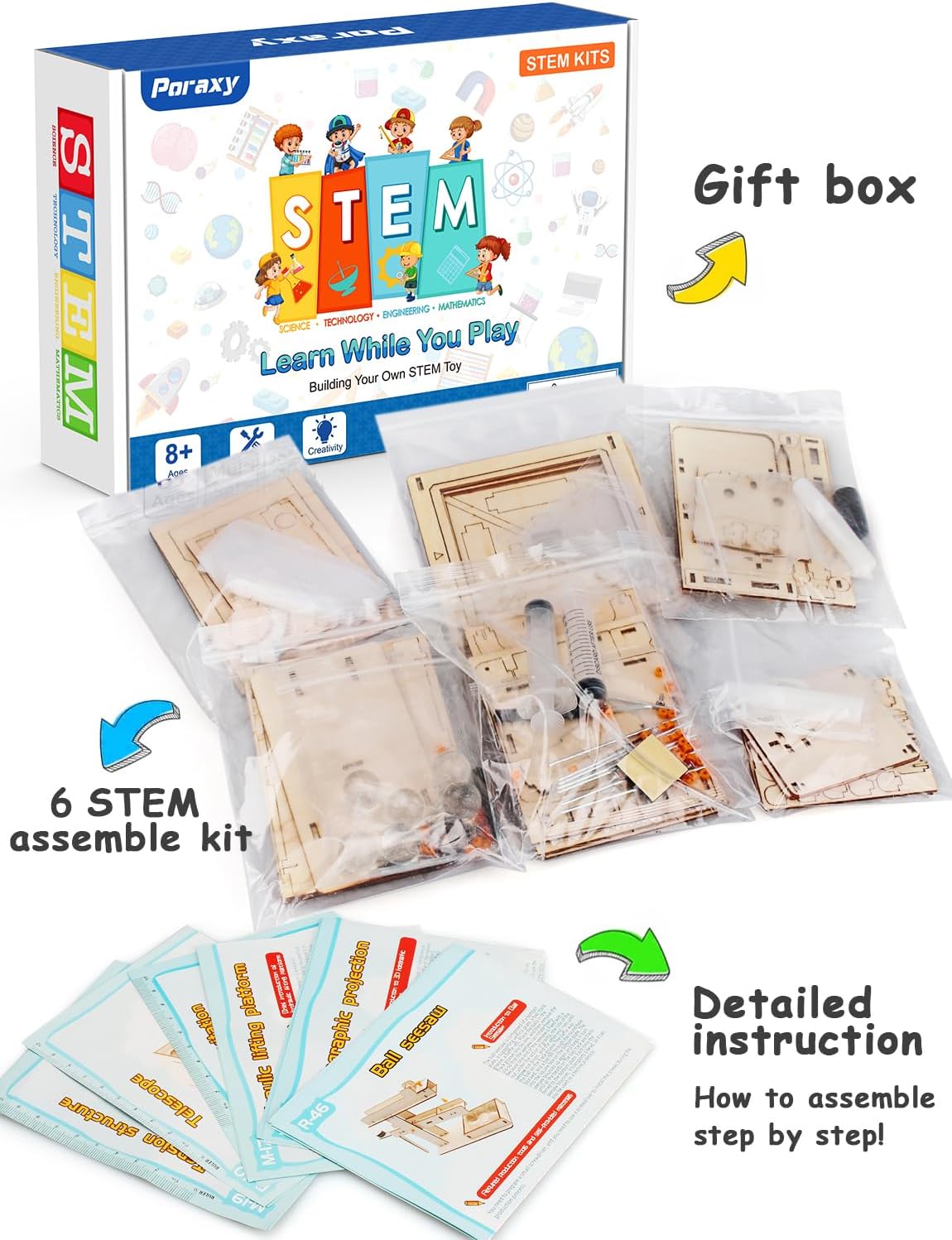 Poraxy 6 in 1 STEM Kits for Kids Age 8-10, Science Building Educational Experiment Projects 8-12, 3D Wooden Puzzles Crafts, Toys for Age 8-13, Gifts for Boys and Girls 6 7 8 9 10 11 12 13 Years Old