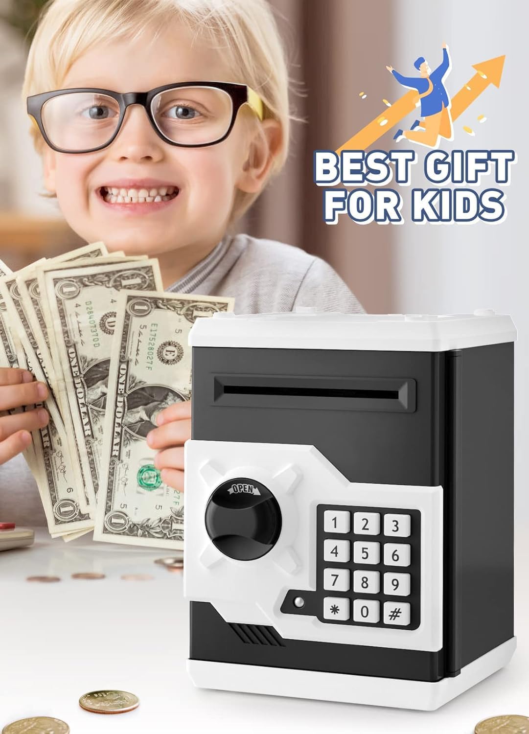 Playsheek Piggy Bank for Girls Boys Large Electronic Money Coin Banks with Password Protection, Automatic Paper Money Scroll Saving Box, Great Gift for Kids(Black-White)