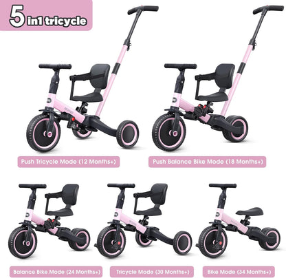 newyoo Toddler Tricycle with Push Handle for 1-3 Year Old, Toddler Bike, Birthday Gift and Toy for Boys and Girls, 5 in 1 Kids Trike, Balance Bike with Backrest and Safety Belt, Khaki, TR007