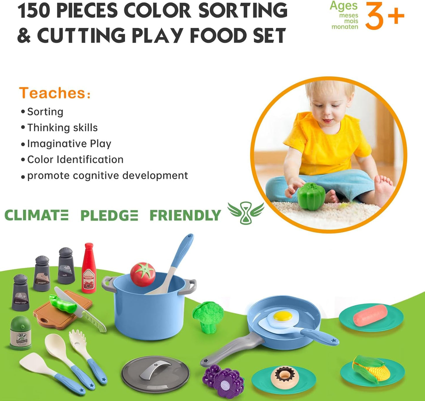 150Pcs Kitchen Playset, Toddlers Pretend Cooking Cookware Accessories, Food, Picnic Blanket, Fruits, Veges, 2Pack Shopping Storage Basket, Dessert and Prop Money, Gift for Kids (Pink)