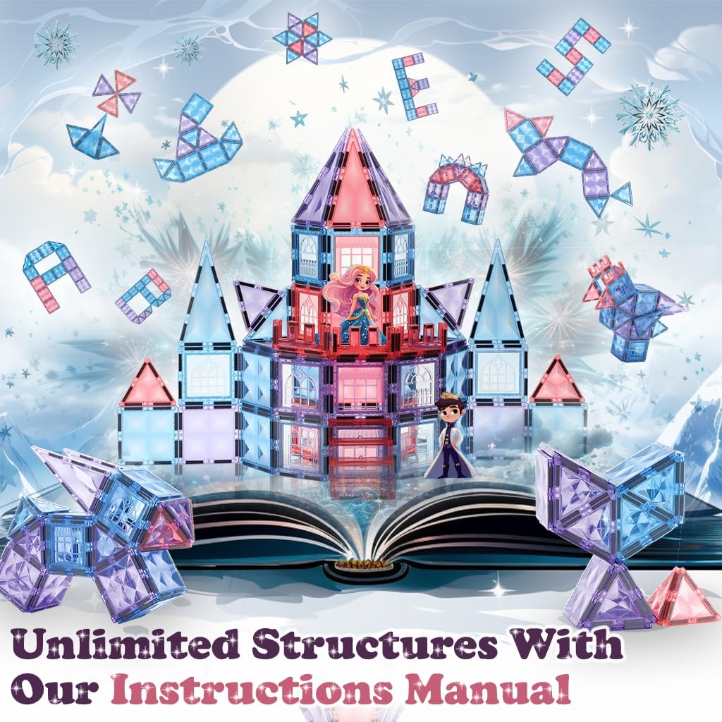 Little Pi 104pcs Frozen Princess Castle Magnetic Tiles Building Blocks - 3D Diamond Blocks, STEM Educational Toddler Toys for Pretend Play, 4 Year Old Girl Birthday Gifts Kids Ages 3 5 6 7 8 - Pink