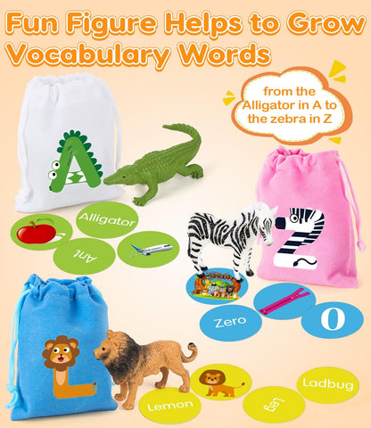 Alphabet Learning Toys for Toddlers, Word Work Small Group Set with 104 Phonics Flash Cards and 26 Animal Figurines, Fun Education Classroom Supplies Alphabet Sounds Teaching Games for Kids