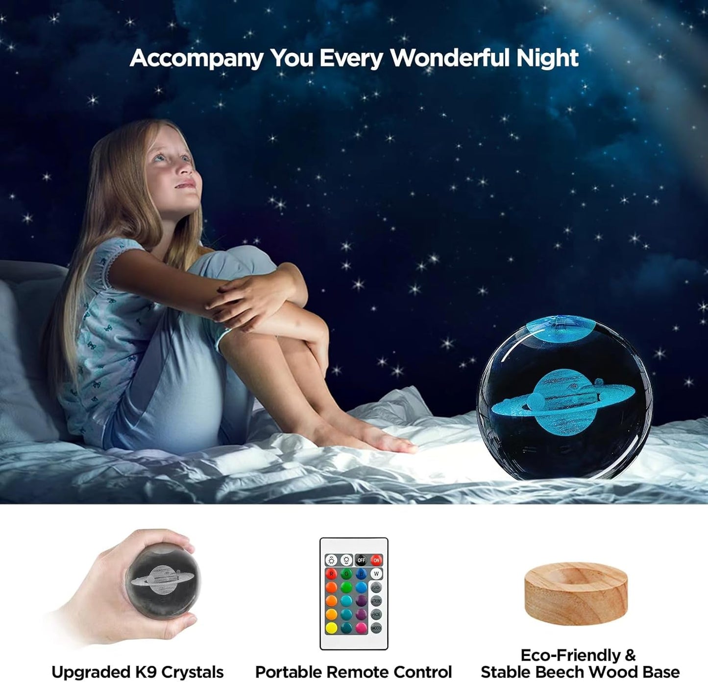 3D Solar System Crystal Ball Night Light with 16 Color LED Wooden Base, Upgraded 3.15 Inch Galaxy Planets Glass Ball Lamps with Remote for Birthday Christmas, Astronomy Space Gifts for Boys Girls