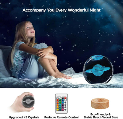 3D Solar System Crystal Ball Night Light with 16 Color LED Wooden Base, Upgraded 3.15 Inch Galaxy Planets Glass Ball Lamps with Remote for Birthday Christmas, Astronomy Space Gifts for Boys Girls