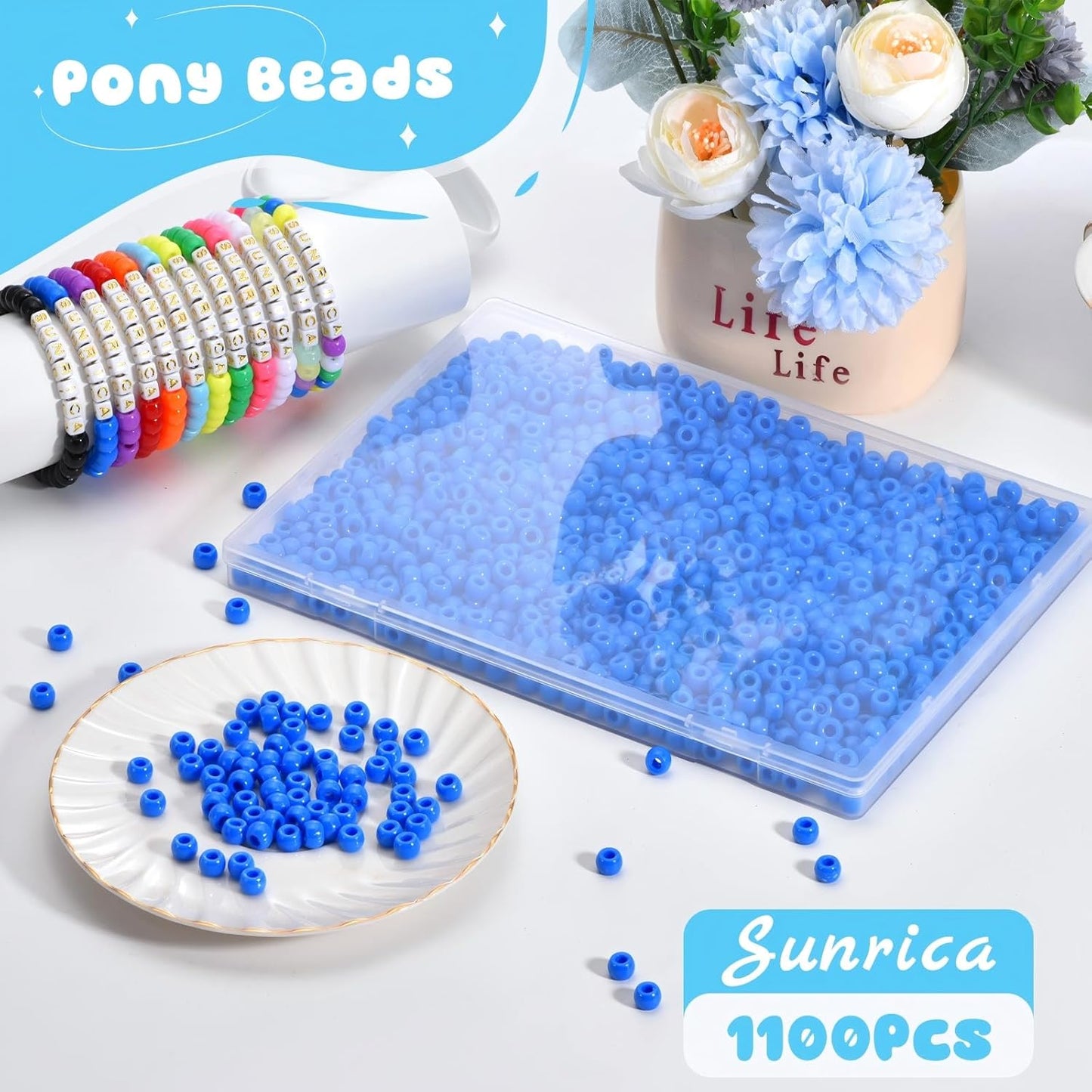 1100Pcs Red Pony Beads 6x9mm Large Hole Plastic Hair Beads for Braids, Kandi Bracelets, Keychains, Jewelry Making