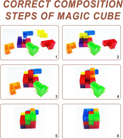 Magnetic Building Blocks Magic Magnetic 3D Puzzle Cubes, Set of 7 Multi Shapes Magnetics Blocks with 54 Guide Cards, Children's Educational Toys and Stress Relief Fidget Toys for Kids Adults