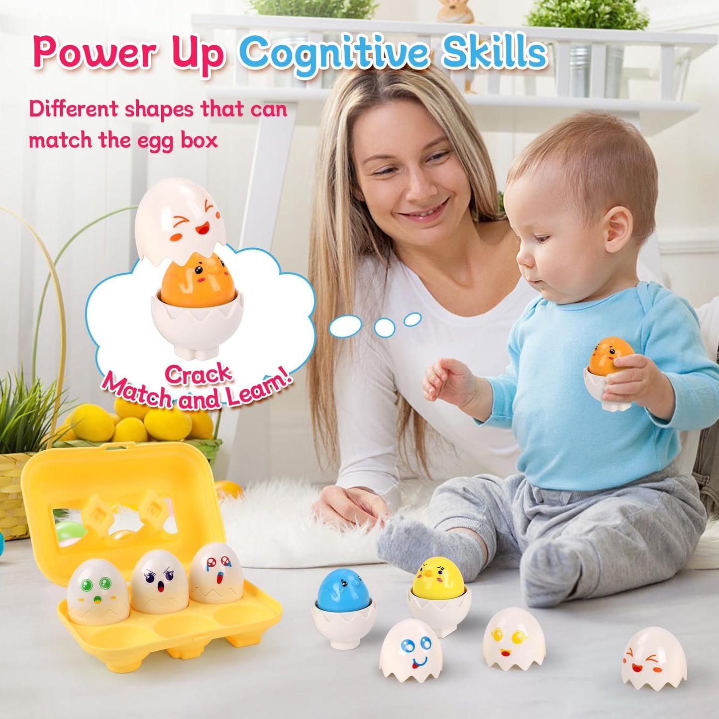 USATDD Matching Eggs for Toddlers Montessori Geometric Eggs Color & Shape Recognition Toy, Fine Motor Skills Shape Sorter Puzzle, Easter Eggs Toys Gifts for Kids, Easter Basket Stuffers