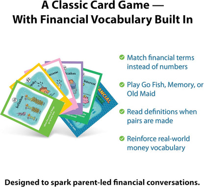 Finance Go Fish – 3-in-1 Financial Literacy Card Game for Kids Ages 5–12 | Go Fish, Memory & Old Maid | Educational Money Vocabulary Deck (Combo)