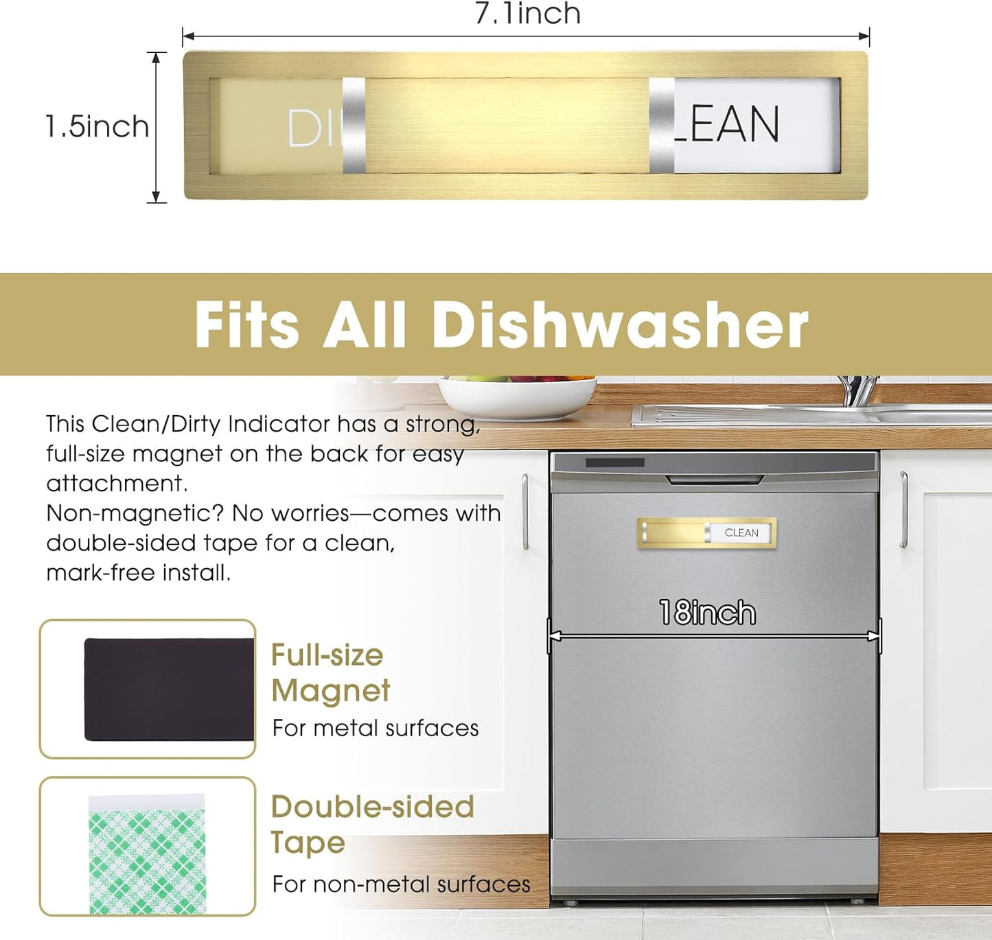 Clean Dirty Magnet for Dishwasher, Premium Stainless Steel, Dirty/Clean Speckled Design, Durable Magnet & Clear Indicators with Extra Tape (Silvery-Gray-01)