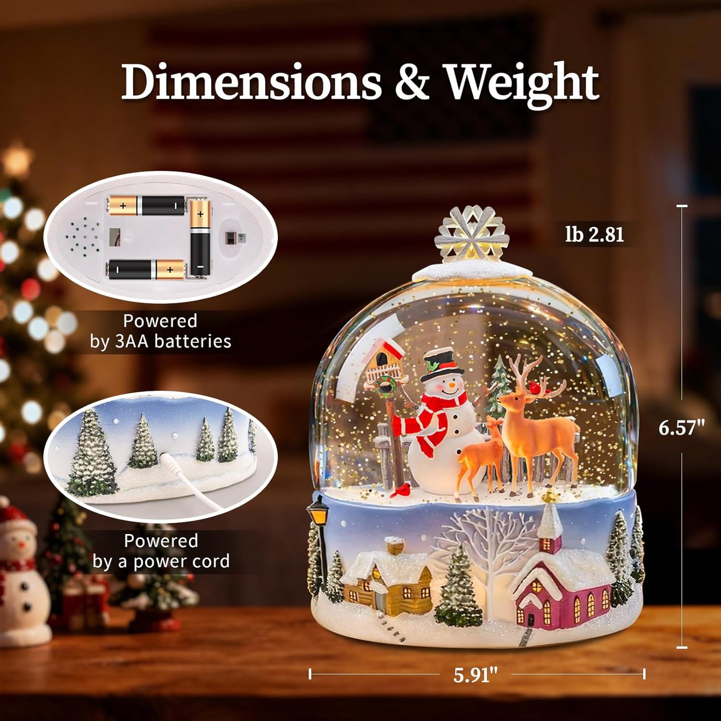Musical Santa Snow Globe - Lighted Plastic Christmas Snow Globes with LED Lights and Swirling Glitter, Hand Painted Santa Claus Decoration Playing 8 Holiday Songs, Gift for Adults and Kids
