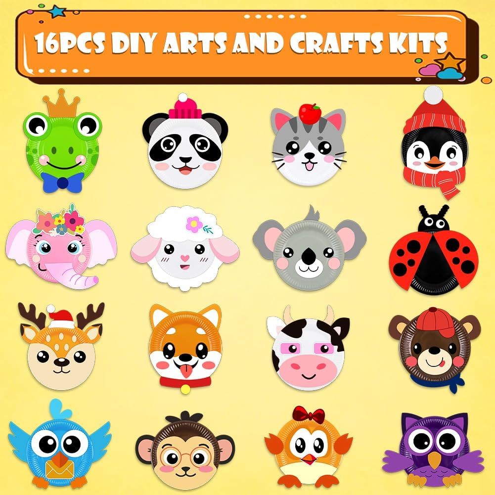 16 Pack Arts and Crafts for Kids, Toddler Crafts Animal Paper Plate Art Kit Gift for 3 4 5 6 Year Old Boys Girls DIY Kids for Birthday Party Favor Preschool Classroom Party Games