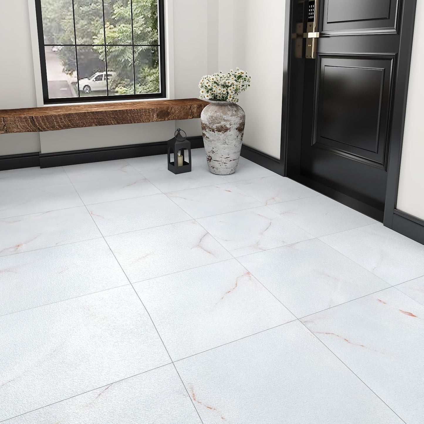 Wallercity White Marble Peel and Stick Vinyl Floor Tiles 6-Pack 12x12 Inches Self Adhesive Waterproof Flooring Planks for Bathroom Kitchen Bedrooms Stick on Floor Tiles Laminate Sheets Vinyl Flooring