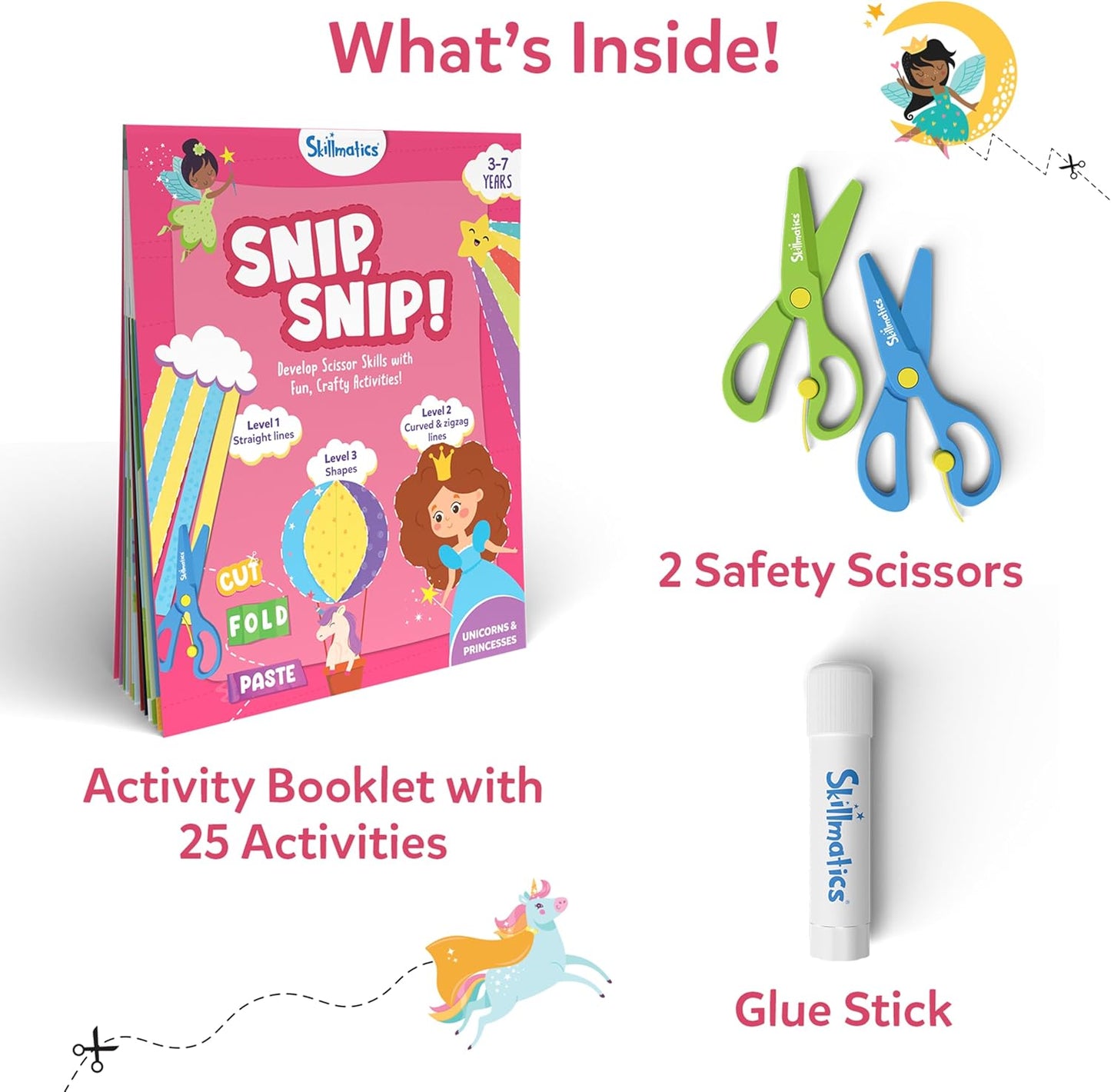 Skillmatics Scissor Skills Activity Book - Snip Snip, 25 Cutting Activities for Preschoolers, Felt Craft Kit, 2 Child-Safe Scissors, Fine Motor Skills, Screen-Free Fun, Gifts for Kids Ages 3-7