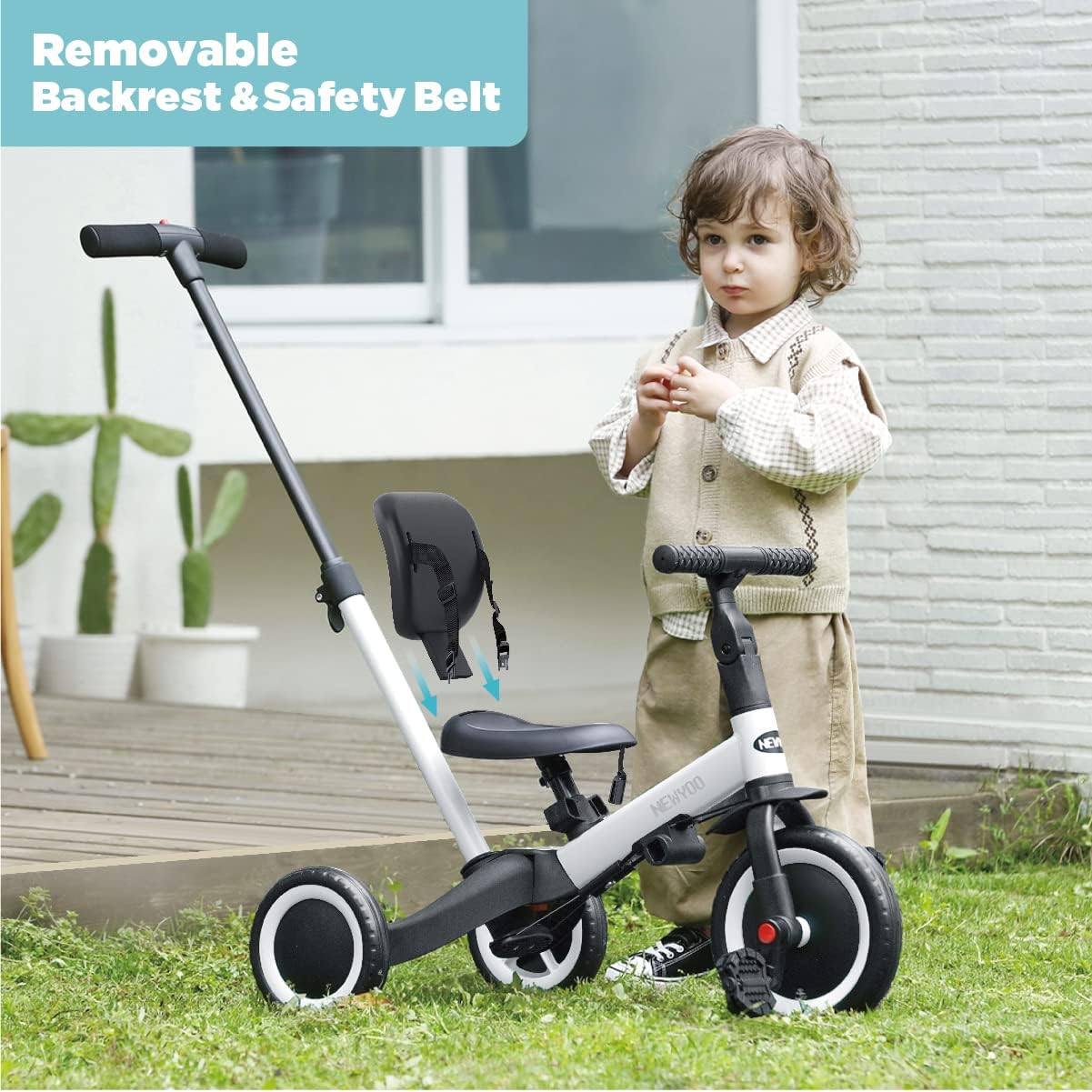 newyoo Toddler Tricycle with Push Handle for 1-3 Year Old, Toddler Bike, Birthday Gift and Toy for Boys and Girls, 5 in 1 Kids Trike, Balance Bike with Backrest and Safety Belt, Khaki, TR007