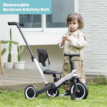 newyoo Toddler Tricycle with Push Handle for 1-3 Year Old, Toddler Bike, Birthday Gift and Toy for Boys and Girls, 5 in 1 Kids Trike, Balance Bike with Backrest and Safety Belt, Khaki, TR007