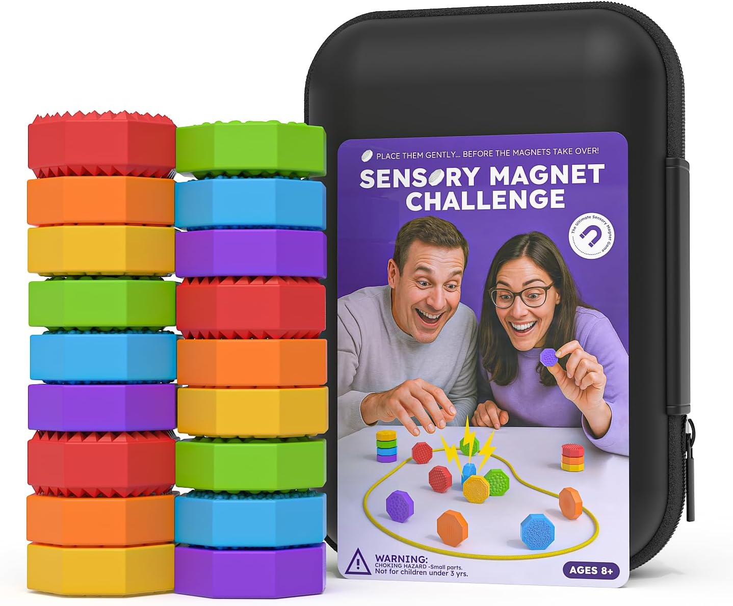 Magnetic Chess Game with Stones Magnet Game with String - 18 Silicone-Covered Magnets Fidget Toy Textured Sensory Rock Toys Strategy Game for Stress Relief, ADHD, Travel Family Toys for Kids & Adults