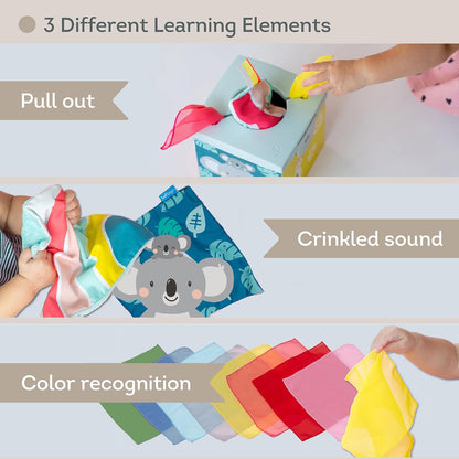Taf Toys Baby Tissue Box Toy Silicone Baby Toys 6-12 Months Montessori Toys Sensory Activity & 10 Tissues for Fine Motor Development Soft Interactive Silicone Learning Cube for 1 Year Old Toddlers