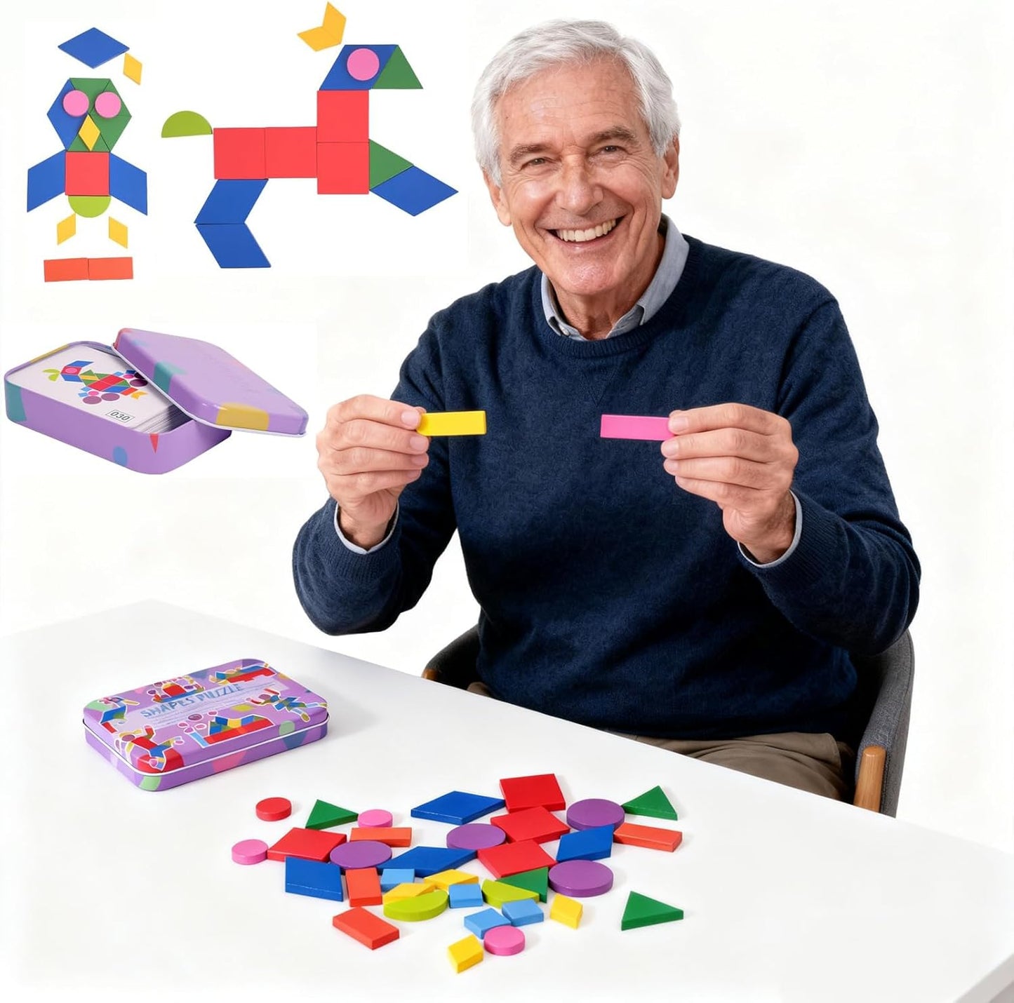 Wooden Tangrams Pattern Blocks, Cognitive Difficulties for Elderly People, Brain-Boosting Crafts Activities for Elderly（Elephant Style）