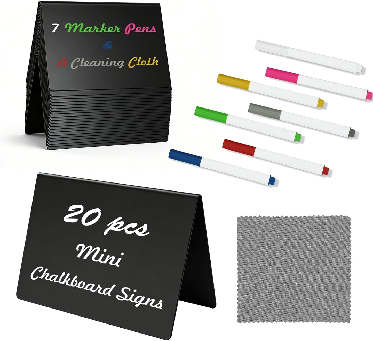 20 Pack 4"x3" V-Shaped Mini Chalkboard Signs, Self-Standing Tabletop Food Labels for Wedding, Bakery, Buffet, Easy to Write & Wipe Off, Includes 7 Color Chalk Markers, Cleaning Cloth