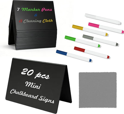 20 Pack 4"x3" V-Shaped Mini Chalkboard Signs, Self-Standing Tabletop Food Labels for Wedding, Bakery, Buffet, Easy to Write & Wipe Off, Includes 7 Color Chalk Markers, Cleaning Cloth
