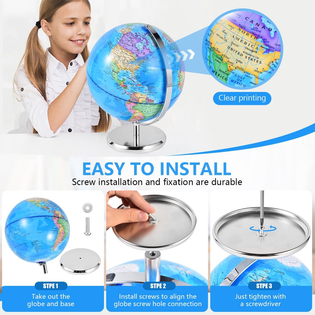 KISEER 6 Inch World Globe Rotating Earth Spinning Globe with Heavy Metal Stand for Kids Geography Classroom Education or Office Home Decorations