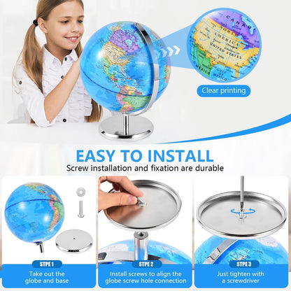 KISEER 6 Inch World Globe Rotating Earth Spinning Globe with Heavy Metal Stand for Kids Geography Classroom Education or Office Home Decorations