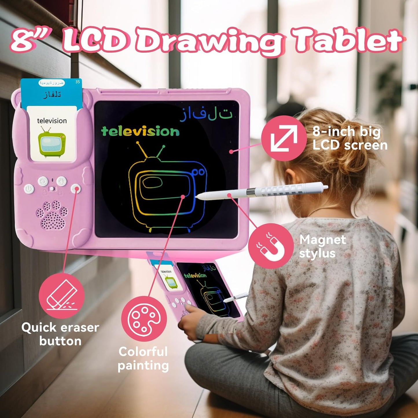 Talking English & Spanish Flash Cards - 8" LCD Writing Tablet for Kids 3-12, Bilingual 510 Sight Words, Toddler Pocket Speech, Drawing Sketch Pad, Autism Toys for Boys (Spanish, Blue)