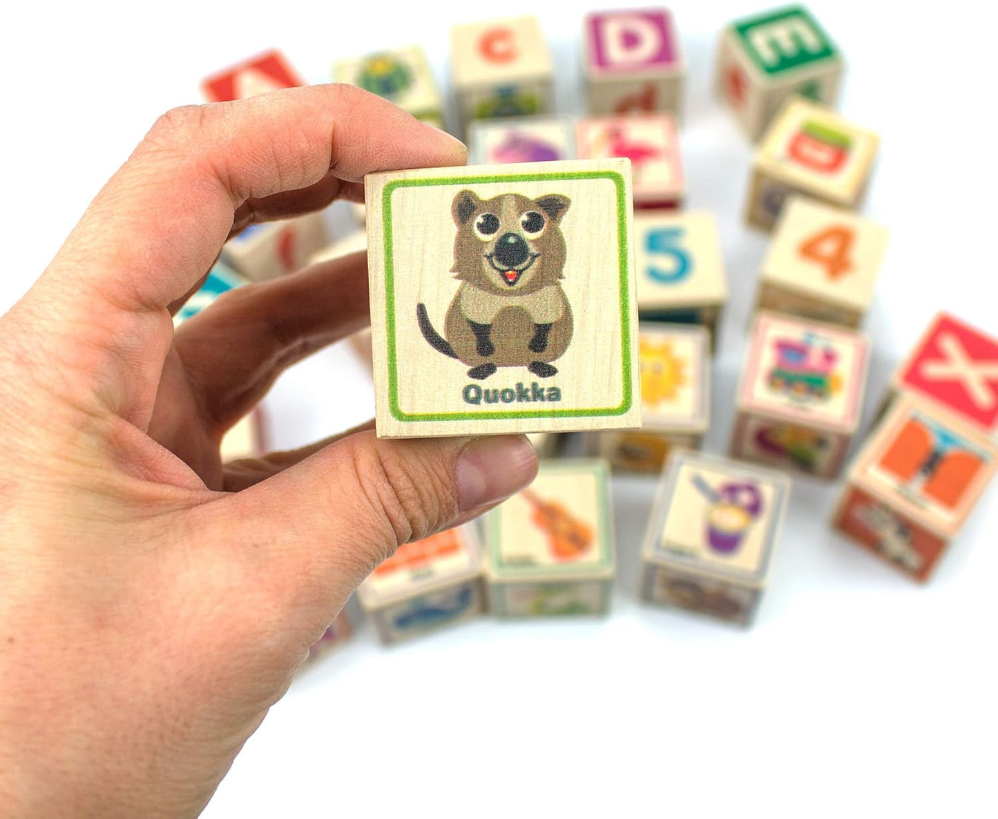 QUOKKA Montessori Wooden Blocks for Toddlers 1-3 - 35 Realistic ABC Learning Baby Blocks for Kids 3-5 Year Olds - Stacking Alphabet Wood Toys for 2-4 yo - Learn Letters Numbers