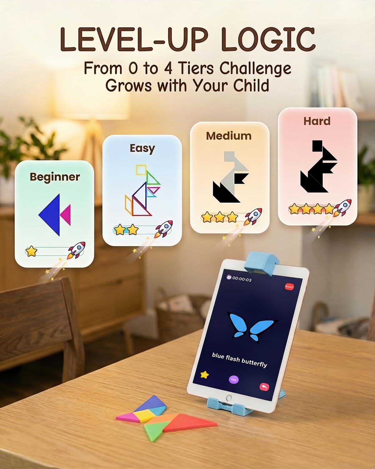 STEM Toys for Kids Ages 4-6, AR Tangram Puzzles with 1000+ Combinations & 20 Cognitive Cards, Food-Grade Silicone Sensory Toy, Interactive Family Games & Meaningful Screen Time Alternative