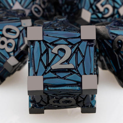 7PCS Metal DND Dice Set with Box, Debris RPG Blue White D and D Dice for D&D Tabletop Games Role Playing Game Polyhedral Dice Set D20 D12 D10 D8 D6 D4