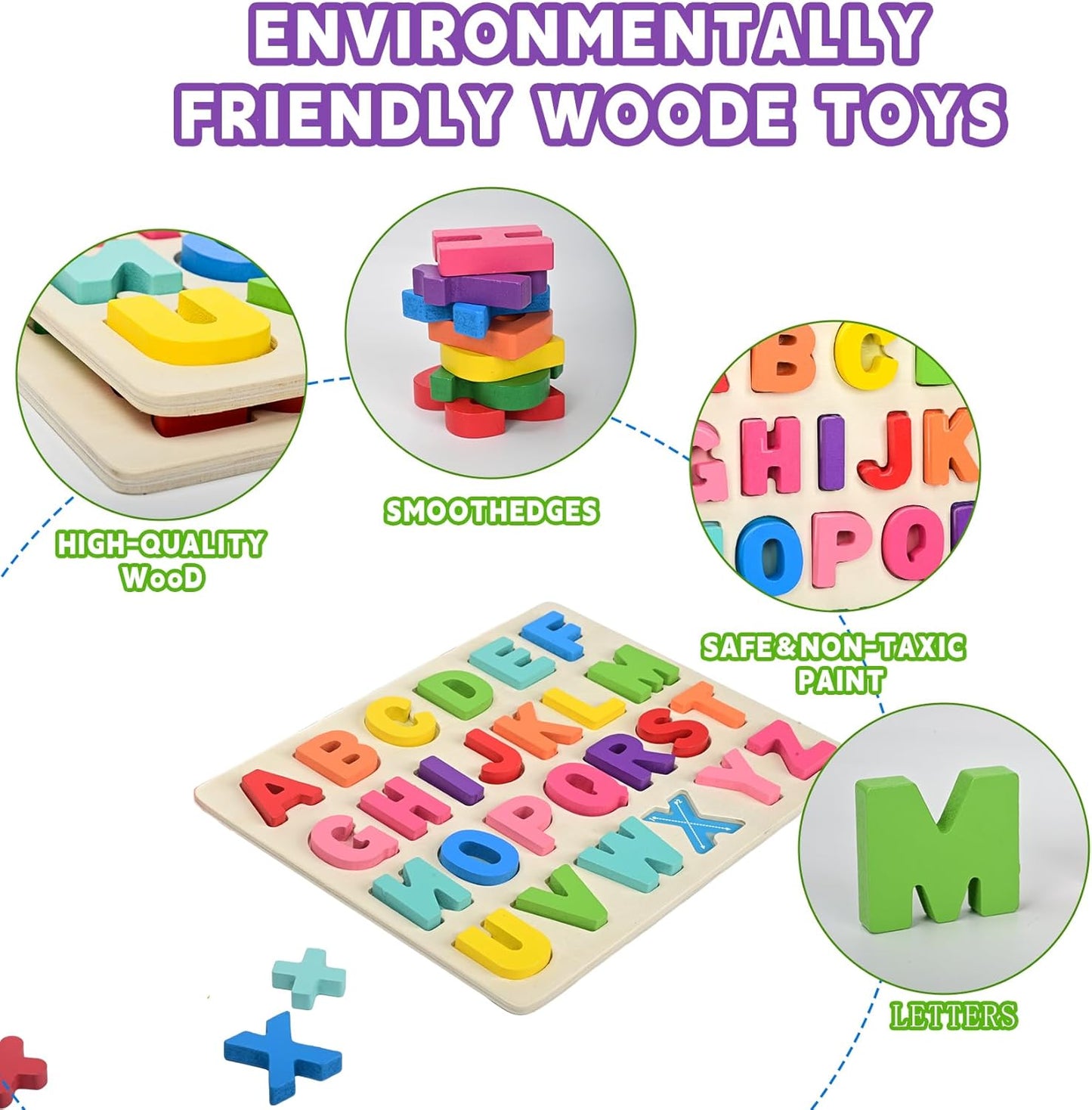 Uppercase and Lowercase Letters， Wooden Puzzles for Toddlers, Wooden ABC Alphabet Puzzles Toddler Learning Puzzle Toys for Kids 1-5, 2 in 1 Early Education Letter for Boys Grils 1-5 Years Old
