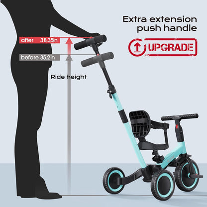 newyoo Toddler Tricycle with Push Handle for 1-3 Year Old, Toddler Bike, Birthday Gift and Toy for Boys and Girls, 5 in 1 Kids Trike, Balance Bike with Backrest and Safety Belt, Khaki, TR007
