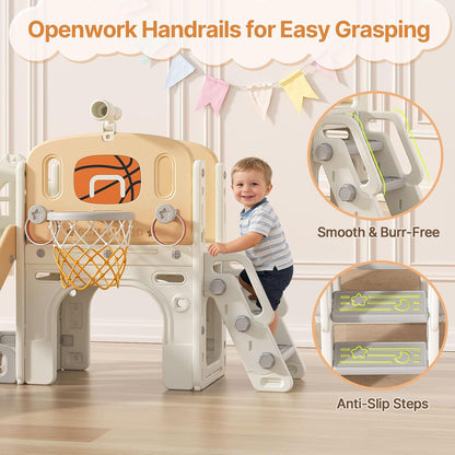 BIERUM 9 in 1 Toddler Slide, Kid Slide for Toddlers Age 1-3 with Ring Toss, Basketball Hoop, and Telescope, Indoor Outdoor Playset Playground Beige Gray