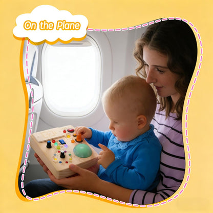 Wooden Montessori Busy Board with LED Light Switches & Tap Light, Sensory Activity Educational Toy for 1-3 Year Old Toddlers, Travel Toy & Birthday Gift for Boys Girls (Battery Not Included)