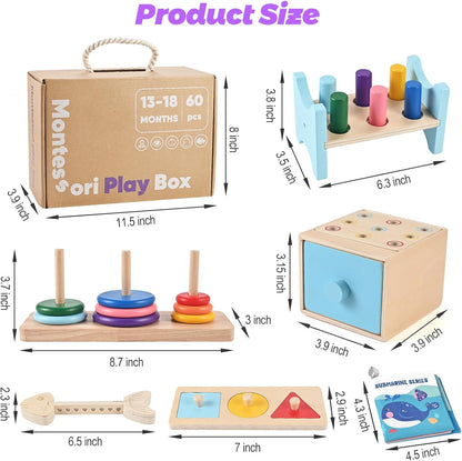 Wooden Montessori Toys for 1+ Year Old, 9-in-1 Learning Educational Set with 3-in-1 Activity Box, Pound Bench, Shape Puzzle, Cloth Books, Fishbone Matching & Ring Stacker