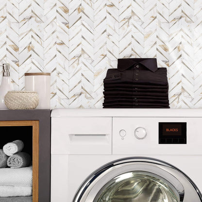 STICKGOO 10-Sheet Herringbone Tile Peel and Stick Backsplash, Beige Mixed Metal Gold PVC Stick on Backsplash, Self Adhesive Wall Tile for Kitchen and Bathroom