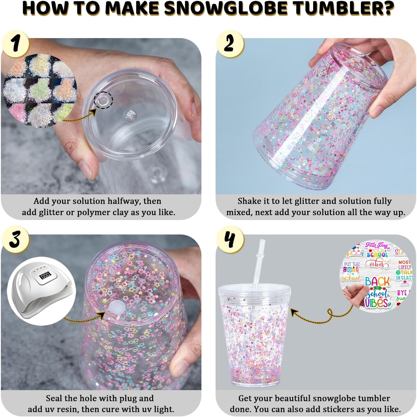 12 Oz Acrylic Kids Snowglobe Tumbler, 8 Pack Pre-Drilled Double Wall Plastic Snow Globe Cup for Glitter Snow Globe Diy