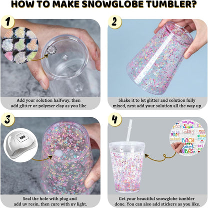 12 Oz Acrylic Kids Snowglobe Tumbler, 8 Pack Pre-Drilled Double Wall Plastic Snow Globe Cup for Glitter Snow Globe Diy