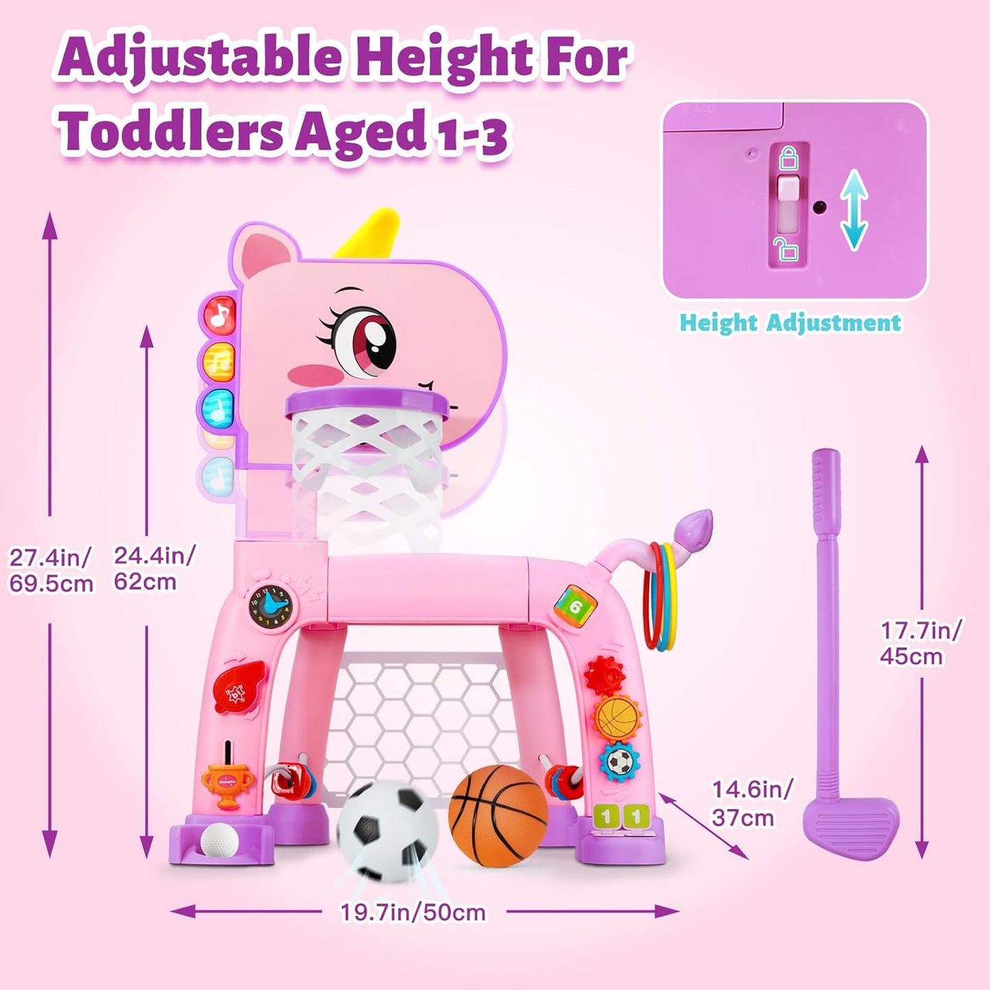 4 in 1 Toddler Basketball Hoop & Soccer Goal, Kids Sports Toy for 1 2 3 Years Old Girls Boys, Baby Toy with Sound & Light, Birthday Gift for 12-18 Months, Pink