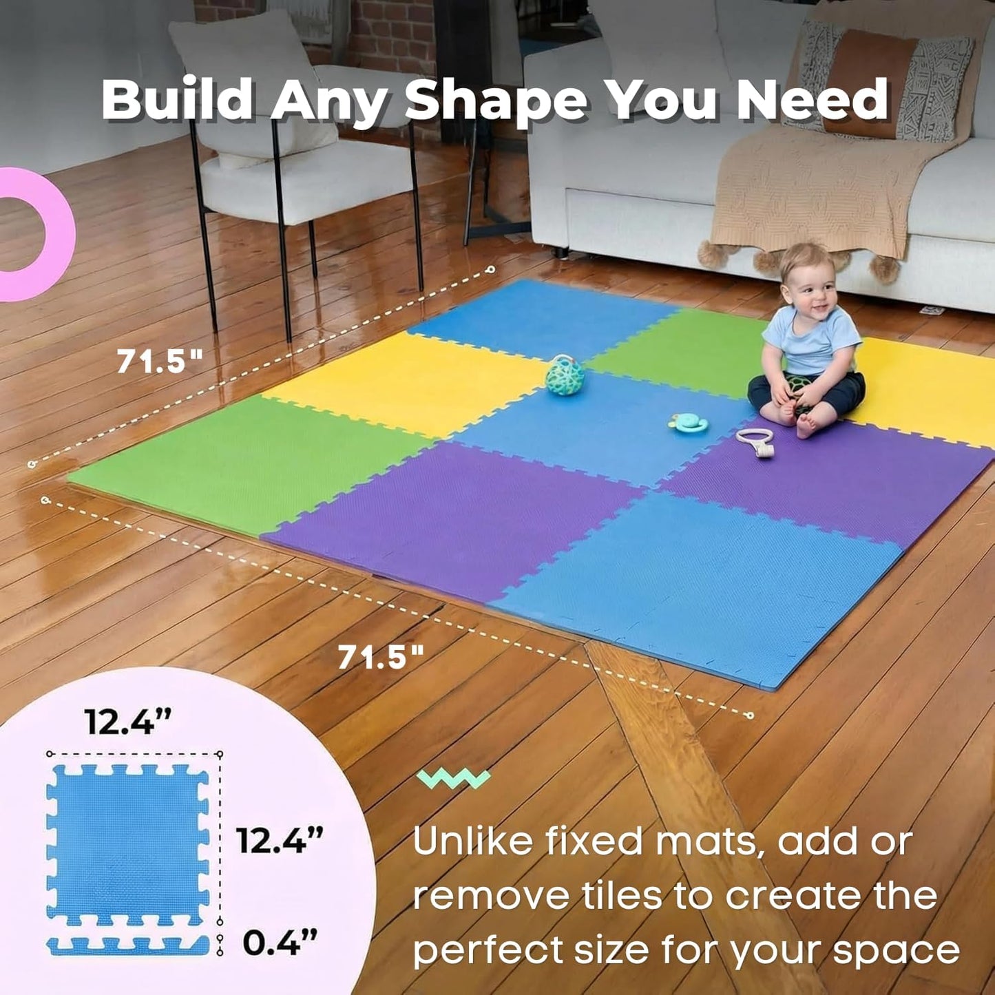 MioTetto Baby Play Mat, Soft Foam Floor Tiles for Kids. Adjustable Interlocking Foam Tiles, Fits with 50x50 Playpen Baby mat for Crawling & Development, Safe & Non-Toxic Playmat for Babies 6-12 Months