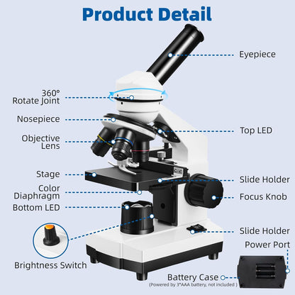 Fitense Microscope for Adults Kids,40X-2000X Monocular Microscope Kit for Home School Lab, 2 LED Lights & 5 Colors Kids Microscope with Phone Holder,10 Specimen Slides,20 Slides,100 Coverslips, Bag