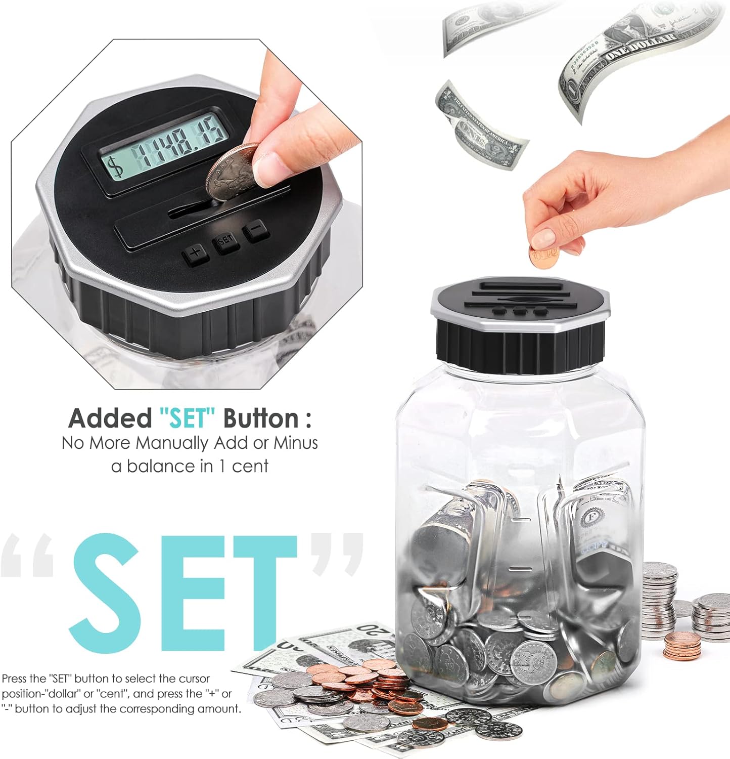 X-Large Piggy Bank for Adults Kids, Vcertcpl Digital Coin Counting Bank with LCD Counter, 2.4L Capacity, Great Coin Counter Bank Money Counting Jar with Total Amount Displayed (Silver, X-Large)